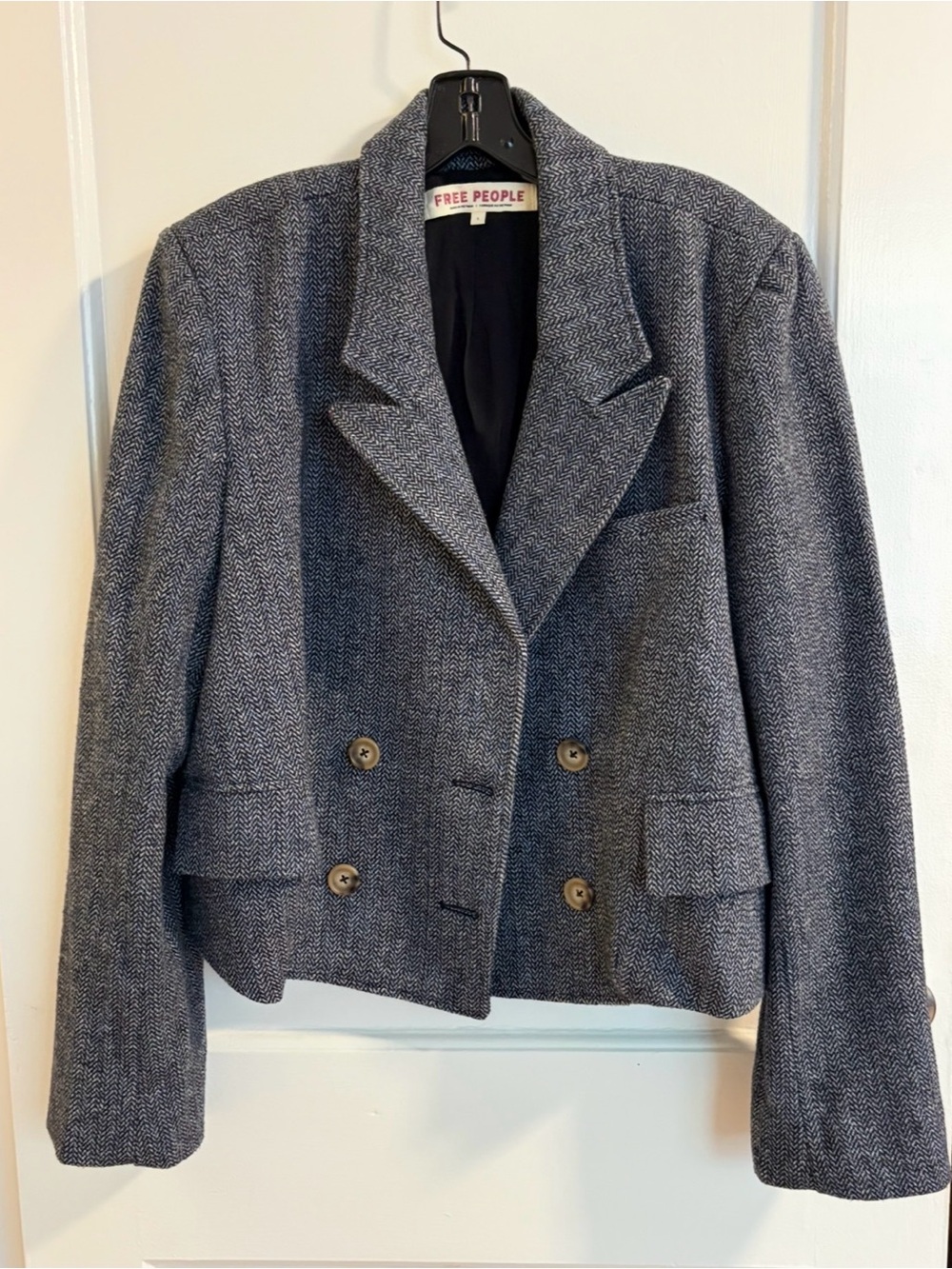 Free People Gray Herringbone Double-Breasted Blazer